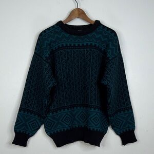 Dale of Norway Sweater Mens Medium Black Teal Blue Wool Fair Isle Nordic Crew